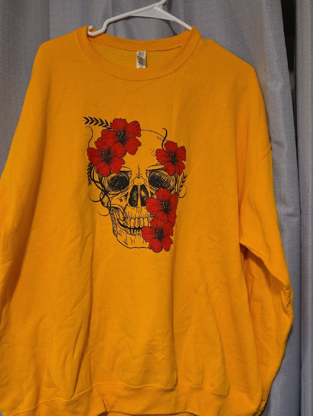 Yellow Crewneck Sweatshirt with Skull & Red Flower Graphic